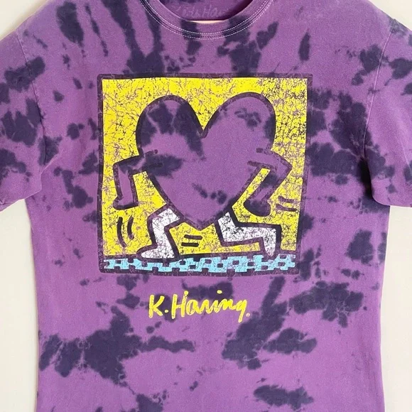 Keith Haring Running Heart Graphic Tie Dye Purple Yellow T Shirt Adult Small - Picture 4 of 9